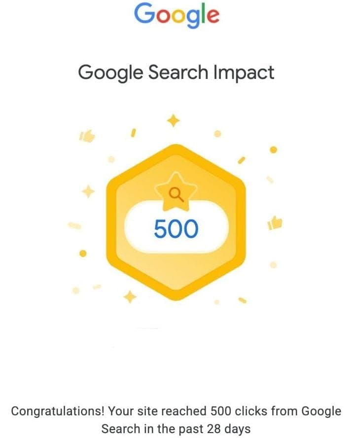 Google Search milestone showing 500 clicks